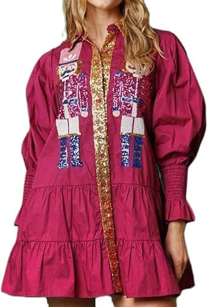 Christmas Nutcracker Dress for Women Sequin Sweatshirt Dress Long Puff Sleeve Button Down Mini Sh... | Amazon (US)