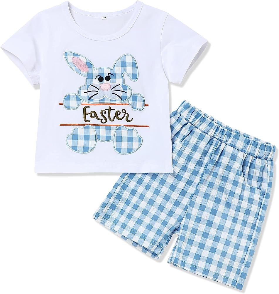 Toddler Baby Boy Easter Outfit Happy Easter T Shirt Top Plaid Shorts Easter Clothing Sets | Amazon (US)