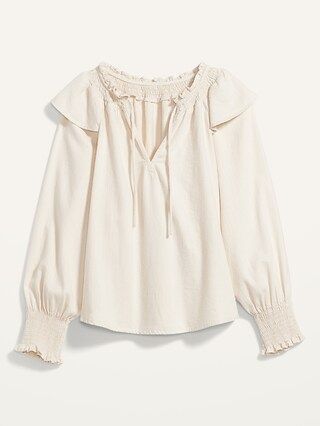 Puff-Sleeve White-Wash Ruffle-Trimmed Smocked Jean Blouse for Women | Old Navy (US)