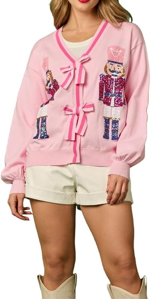 Women Christmas Cute Graphic Sequin Cardigan Button Down Open Front Knit Sweaters Nutcracker Glit... | Amazon (US)