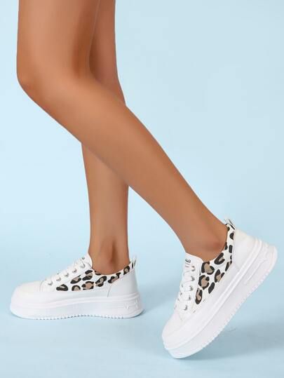 Leopard Pattern Lace-up Front Flatform Sneakers | SHEIN