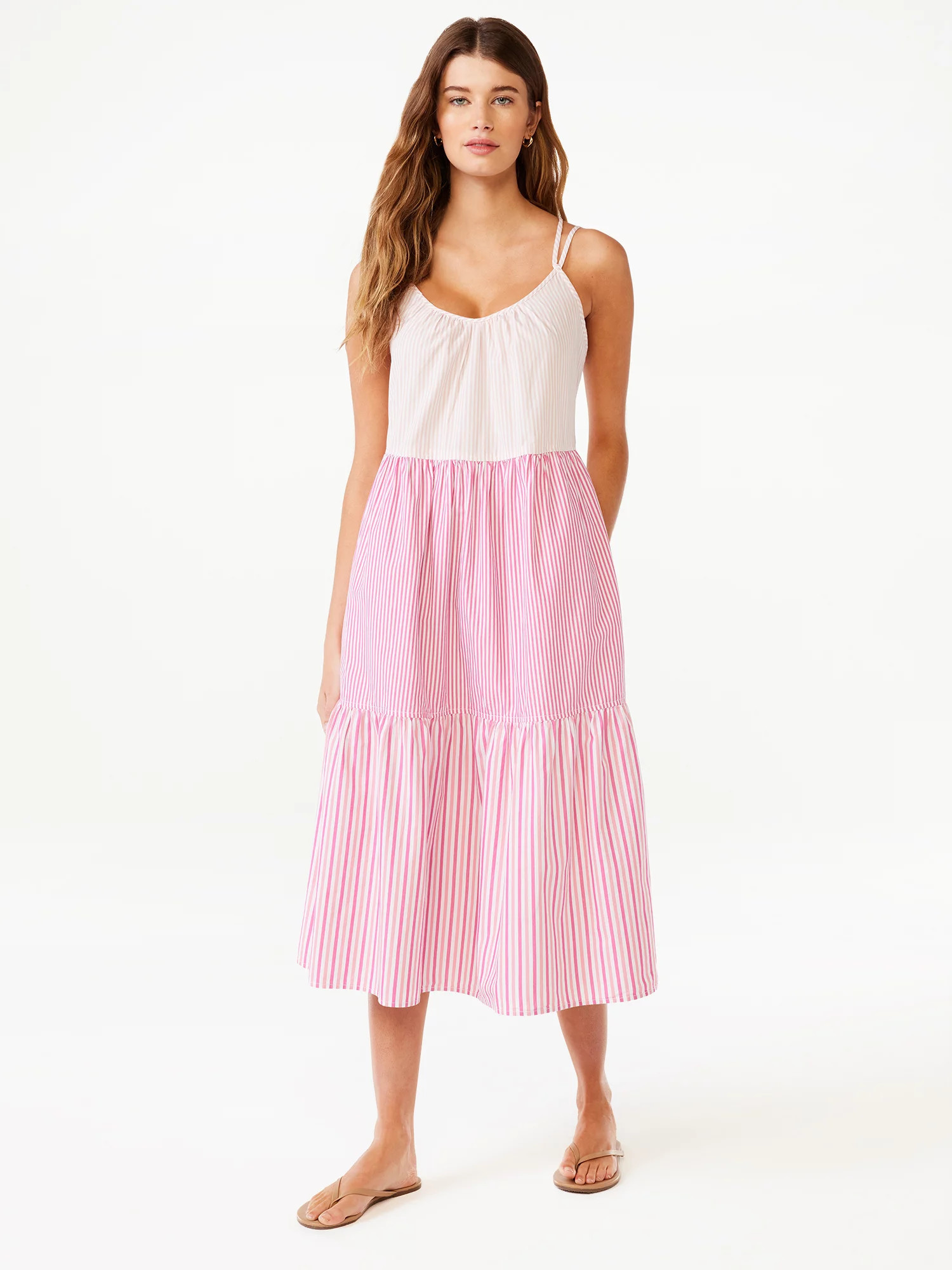 Free Assembly Women's Sleeveless Double Strap Cross Back Tiered Midi Dress, Sizes XS-XXXL | Walmart (US)