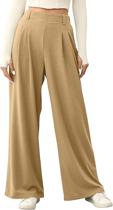 EVALESS Fleece Lined Pants for Women Wide Leg Elastic High Waisted Knit Palazzo Pants Business Ca... | Amazon (US)
