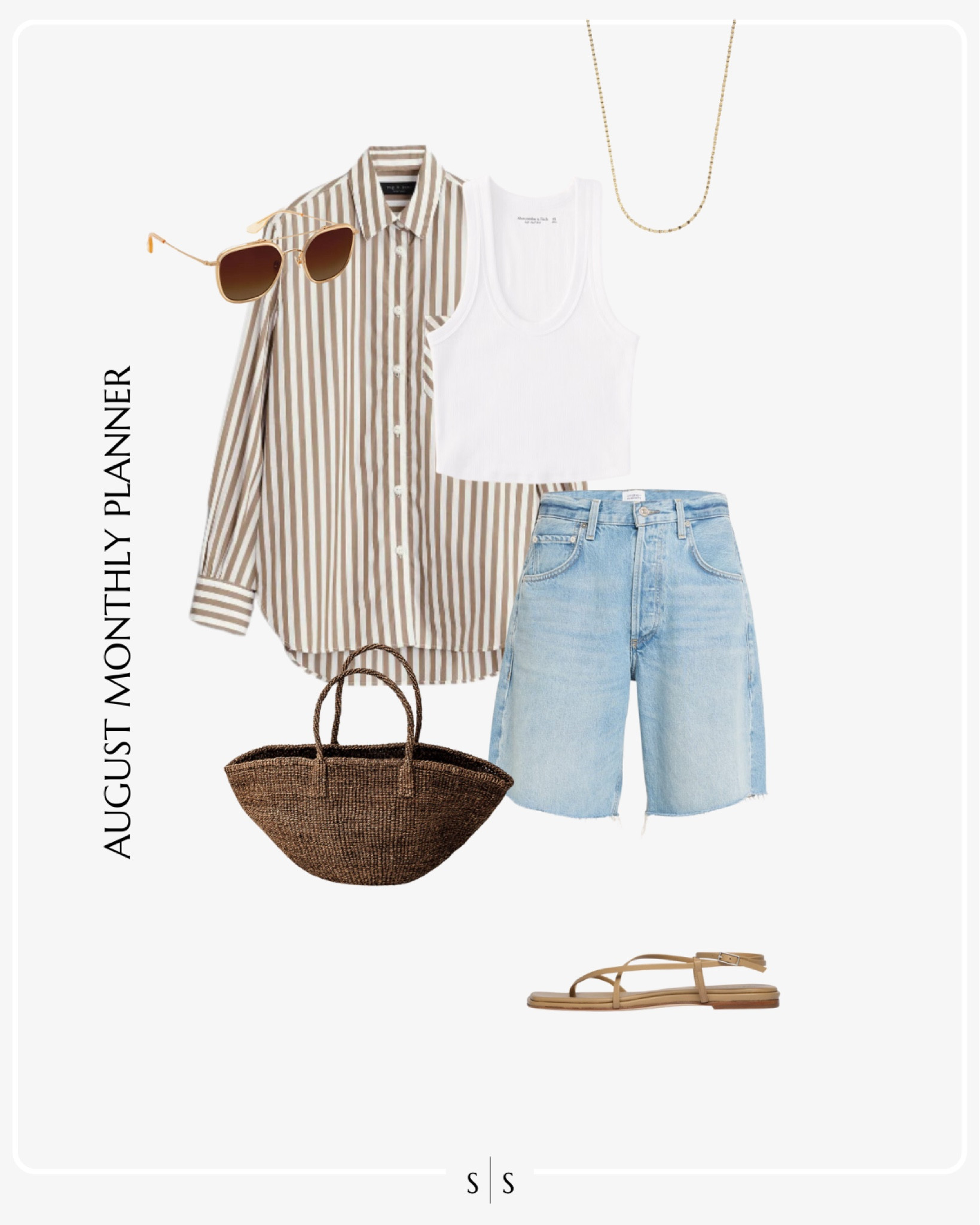 Monthly outfit planner AUGUST: Summer to Fall transitional looks | denim shorts, striped button up, woven tote, sandals, white tank

See the entire calendar on thesarahstories.com ✨ 


#LTKStyleTip