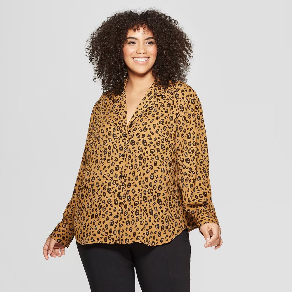 Women's Plus Size Striped Long Sleeve V-Neck Button-Up Blouse - Who What Wear Brown Leopard Print 1X | Target