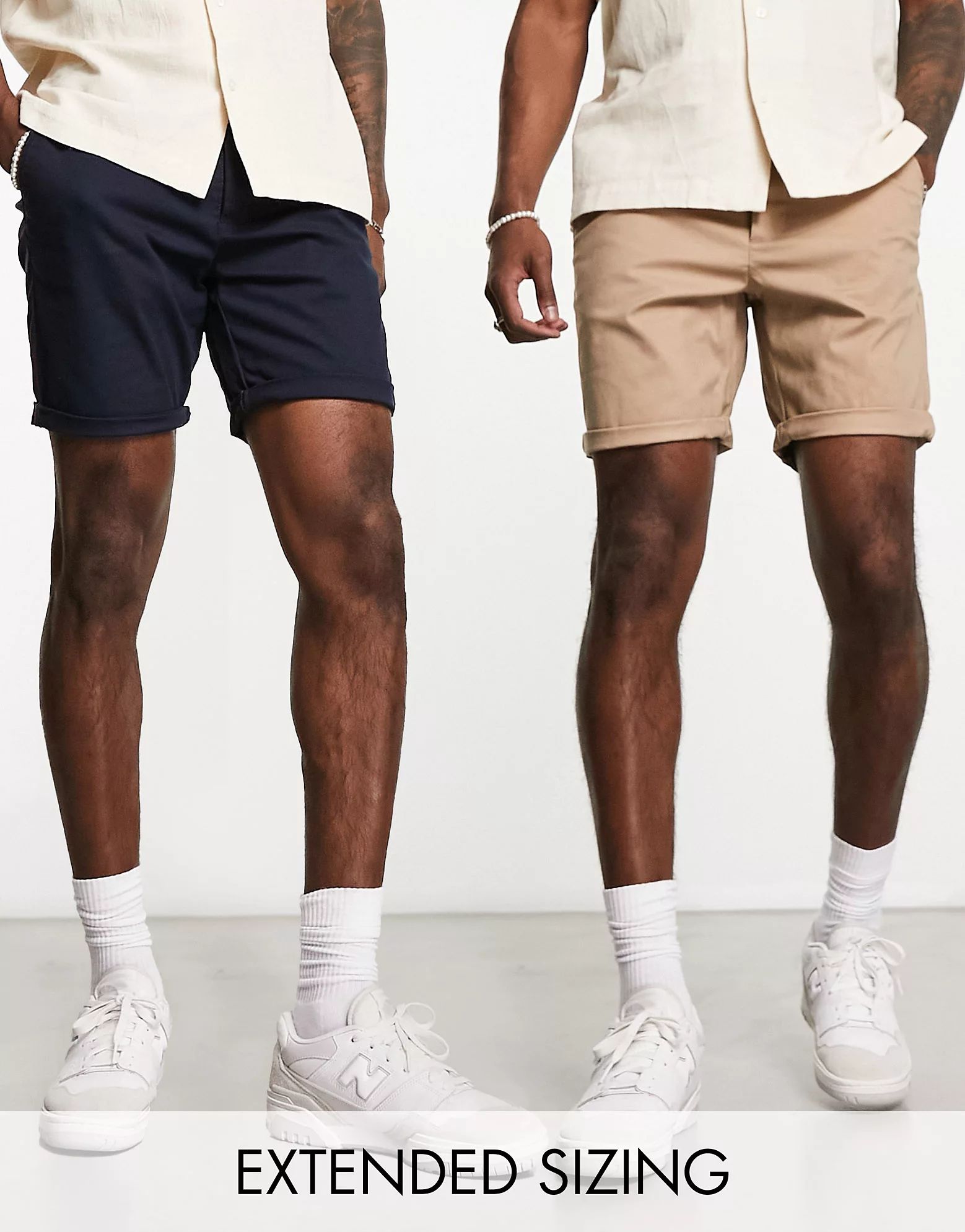 ASOS DESIGN 2 pack slim chino shorts in mid length in stone & navy save | ASOS (Global)