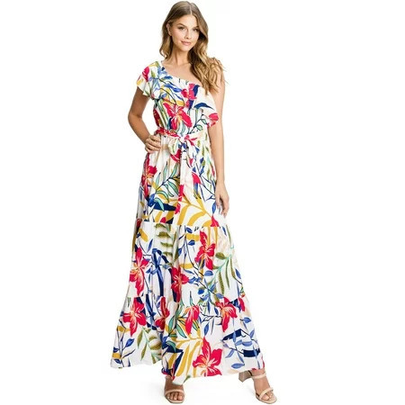 Flying Tomato Women s Bold Print One Shoulder Maxi Dress (M Ivory) | Walmart (US)