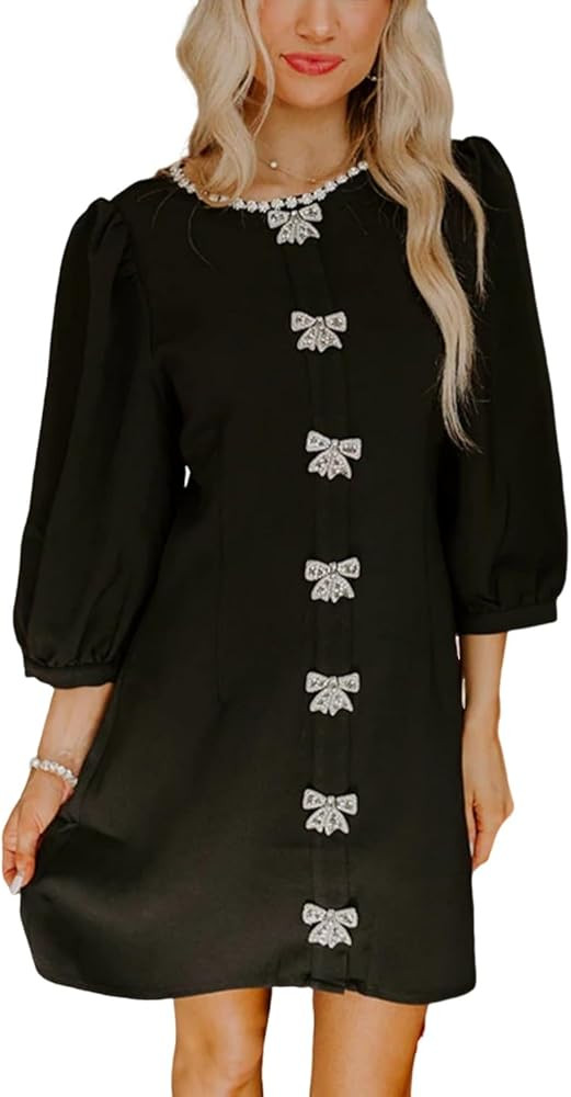 SCOFEEL Womens Bow Tie Front Mini Dress Pearl Neck Tunic Short Dress A-Line Party Wedding Guest D... | Amazon (US)