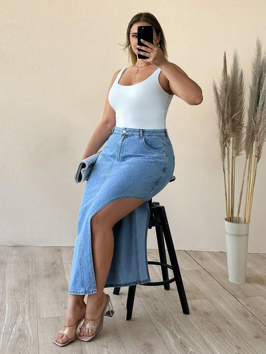 Plus Size Denim HIGH WAIST ASYMMETRIC CUT MAXI SLIT DETAIL DENIM SKIRT | SHEIN