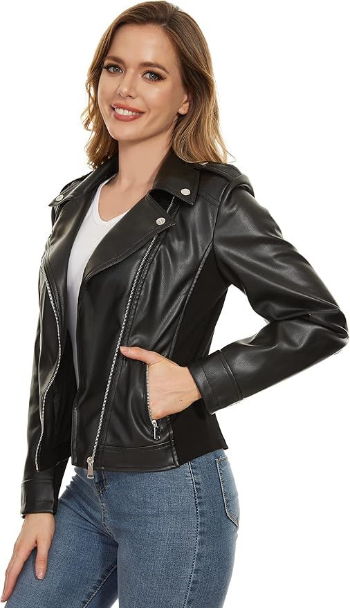 Fahsyee Black Faux Leather Jacket Women, Moto Biker Elastic Coat with Long Sleeve Vegan Casual ... | Amazon (US)