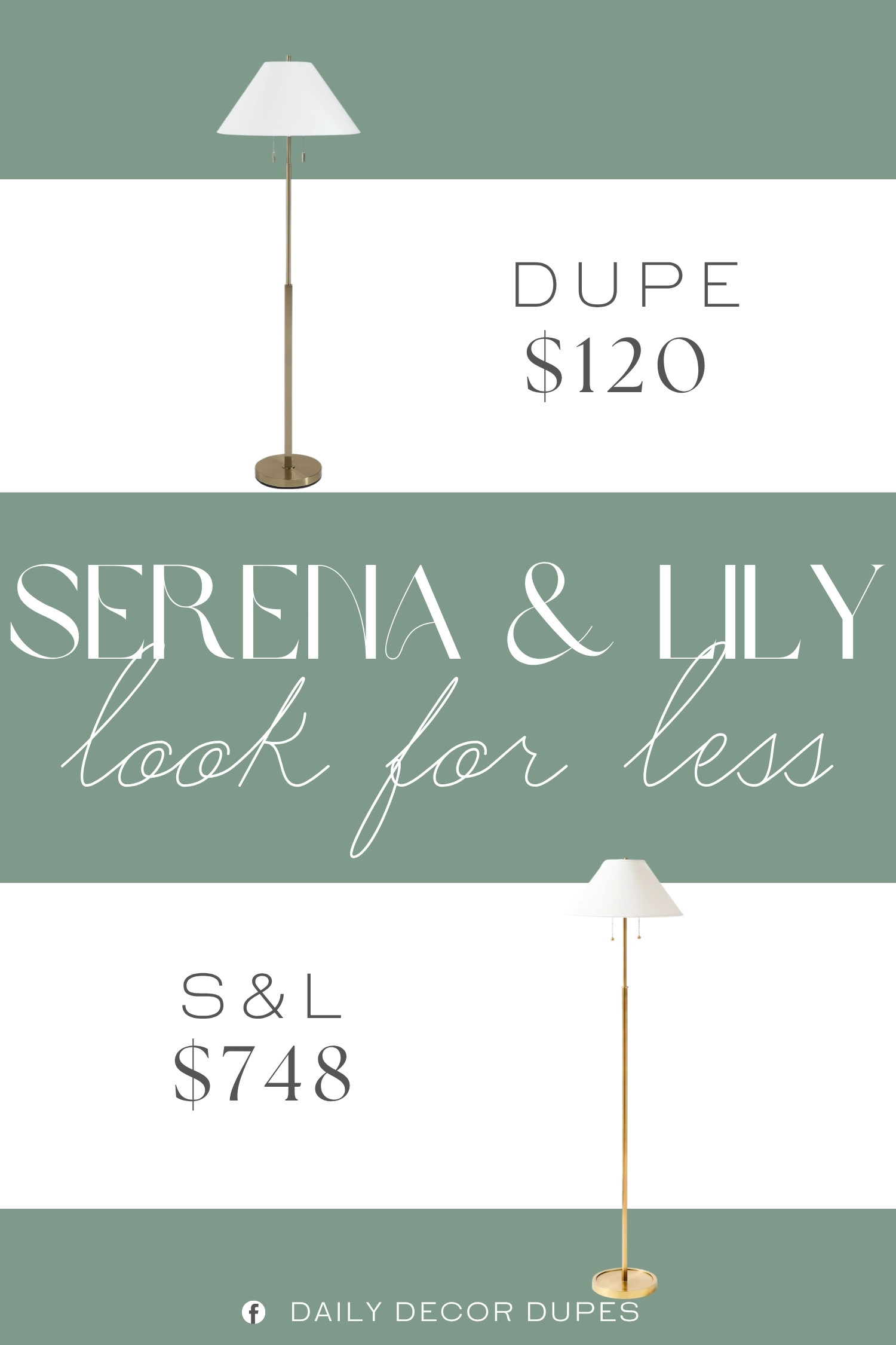 The Serena & Lily Brookings Floor Lamp pairs a slim brass-toned stem with a crisp white shade and classic base for a clean, timeless lighting look. Its tall, streamlined profile works beautifully beside a sofa, reading chair, console, or bed while adding soft ambient lighting without taking up much visual space. At around $120, compared with the $748 Serena & Lily version shown, this style makes it easier to bring an elegant floor lamp into a living room, bedroom, or home office while keeping the overall look light and refined. 💡🤍🏡

Home more affordable option find similar look for less budget friendly affordable cheap cheaper beautiful pretty. Clearance sale coupon code discount code promo code luxury Inspo inspiration inspired by idea ideas Love like these? I share multiple every day in my FB group.
#SerenaAndLilyInspired #FloorLamp #BrassFloorLamp #WhiteShadeLamp #LivingRoomLighting #BedroomLighting #HomeOfficeLighting #HomeLighting 

 #LTKHome