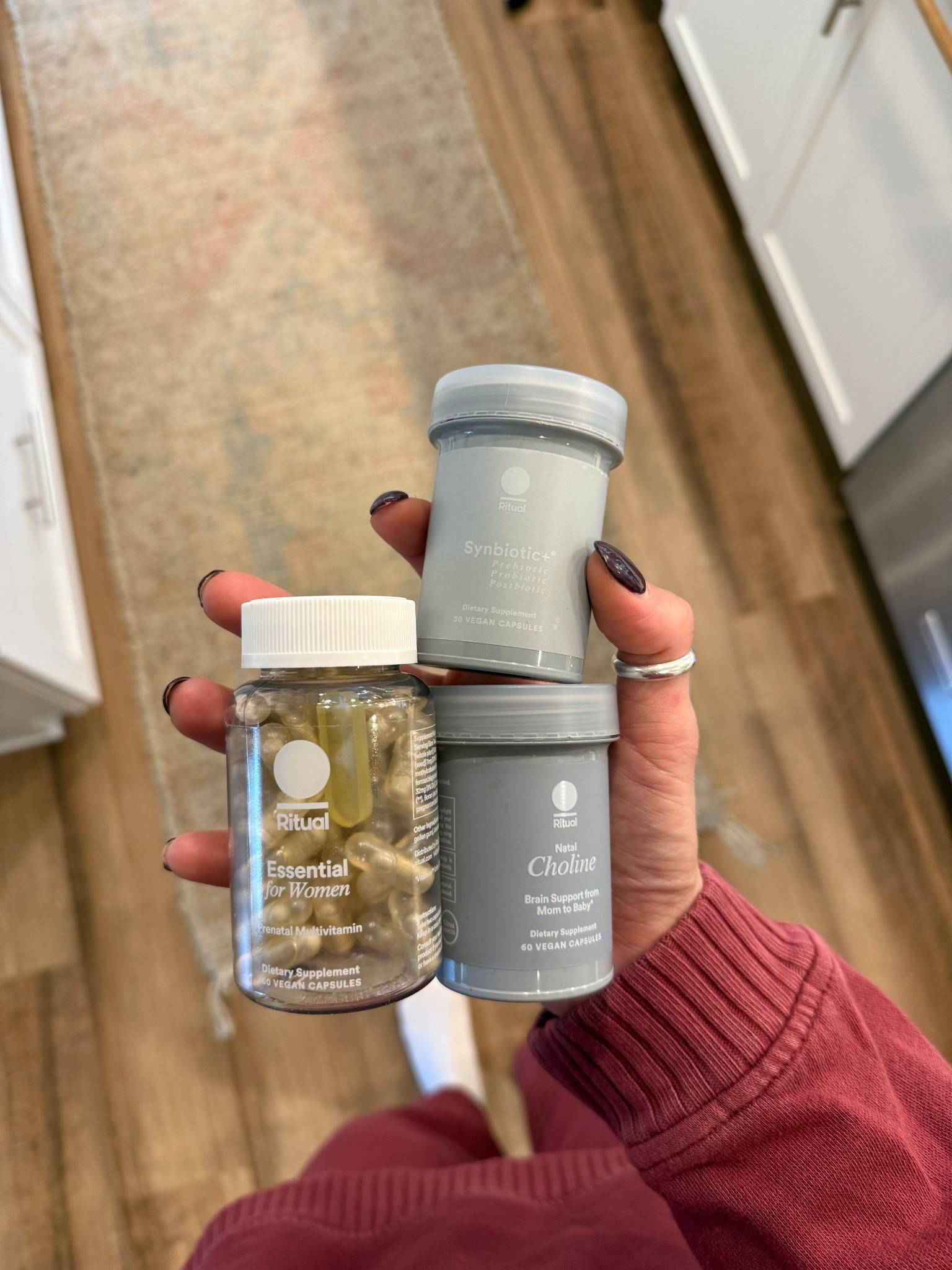 Probiotic and prenatal I take while pregnant (I take the probiotic all the time regardless if I’m pregnant)
Ritual is the only brand that didn’t make me throw up. Easy on tummy 
PLUS omega 3!