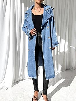 Fazortev Women's Long Double Breasted Denim Jacket Oversized Button Down Maxi Jean Coat Classic L... | Amazon (US)