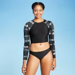 Women's Long Sleeve Crewneck Cropped Rash Guard - All in Motion™ Black & White Tie-Dye Print | Target