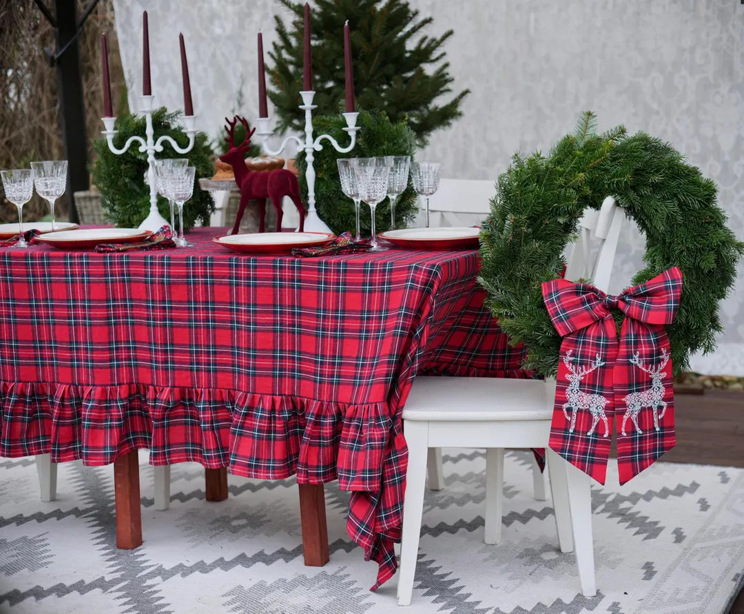 Classic Linen Christmas Tablecloth: Tartan Plaid With Ruffle - Etsy | Etsy (US)