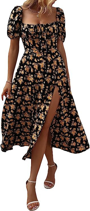 SheIn Women's Square Neck Dress Allover Floral Knot Split Thigh A-line Dress | Amazon (US)