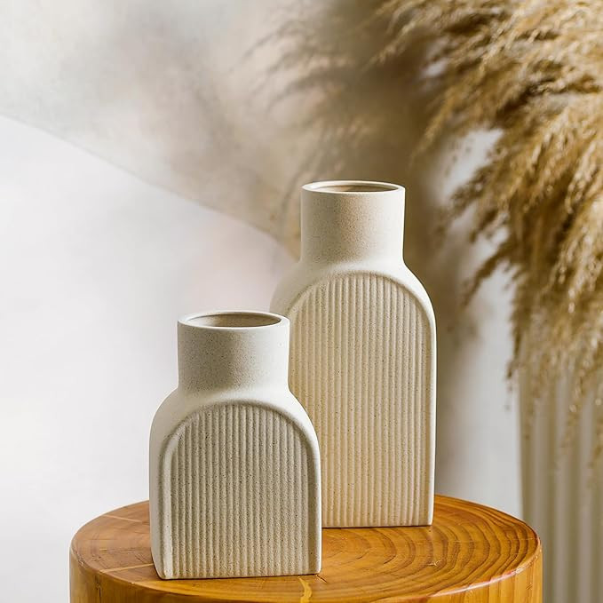 Vases Home Decor, Boho Vases Set of, Beige Ribbed Ceramic Flower Vase, for Neutral Minimalist Hom... | Amazon (US)