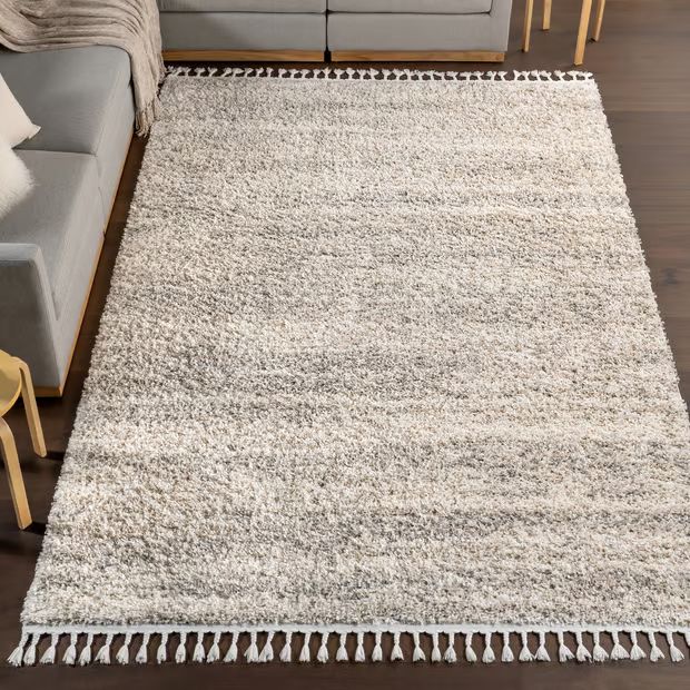 Ivory Shaded Shag With Tassels 6' 7" x 9' Area Rug | Rugs USA
