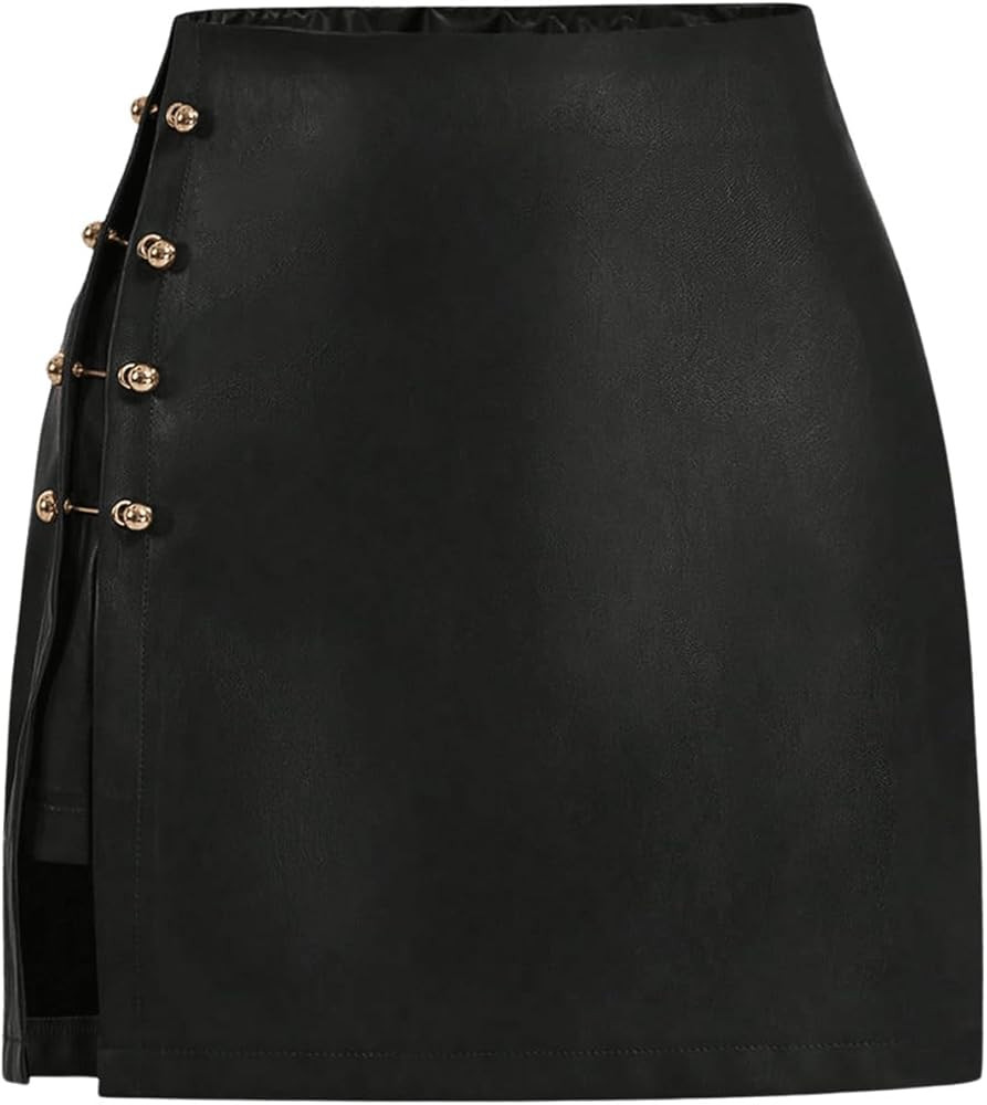 Milumia Women's Metal Decor Leather Short Skirt Side Slit Straight Mini Skirts | Amazon (US)