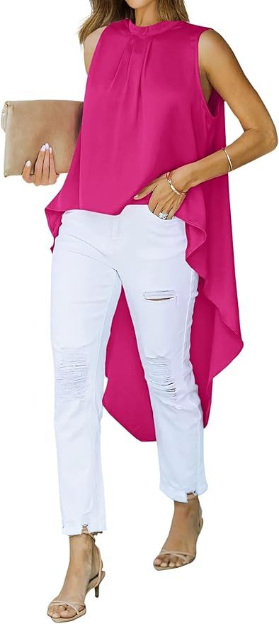 KIRUNDO Womens Tops Dressy Casual 2023 Summer Satin Mock Neck High Low Asymmetrical Sleeveless Lo... | Amazon (US)