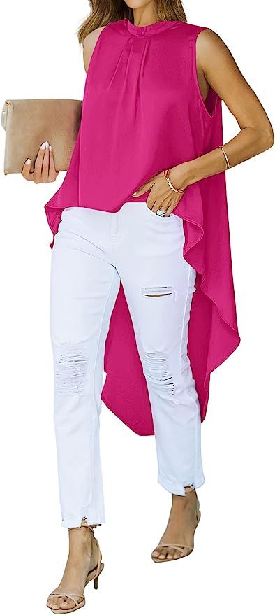 KIRUNDO Womens Tops Dressy Casual 2023 Summer Satin Mock Neck High Low Asymmetrical Sleeveless Lo... | Amazon (US)