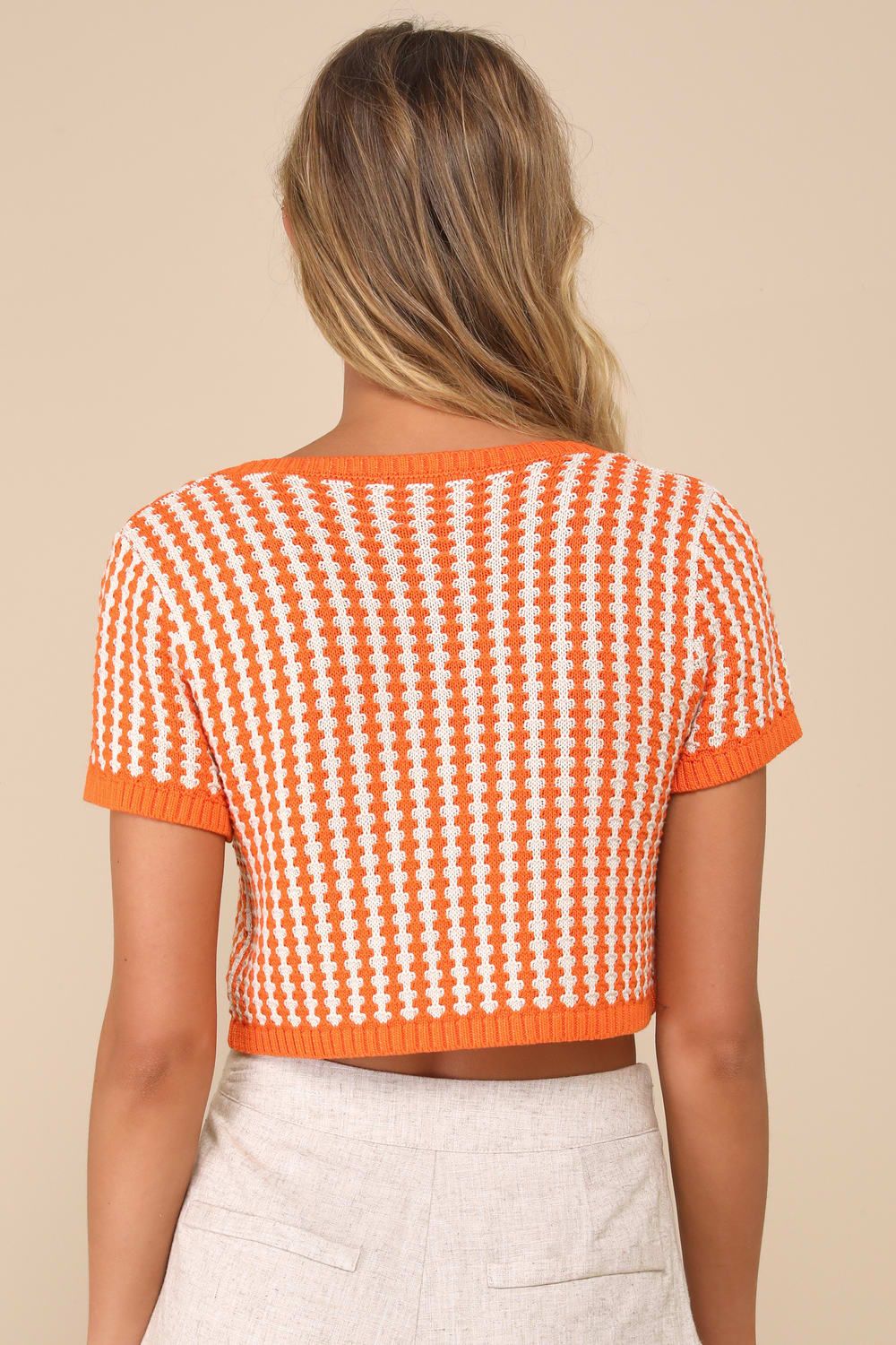 Amore Orange and White Lace-Up Short Sleeve Cropped Sweater Top | Lulus