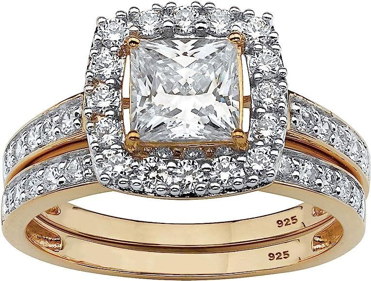 18K Yellow Gold over Sterling Silver Princess Cut Cubic Zirconia Halo Bridal Ring Set | Amazon (US)