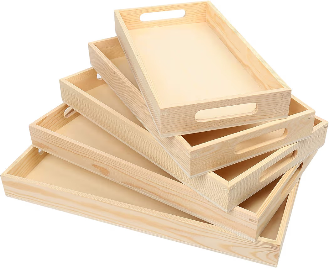 LotFancy Wooden Nested Serving Trays, Set of 5, Unfinished Natural Wood Trays with Handles, for C... | Amazon (US)
