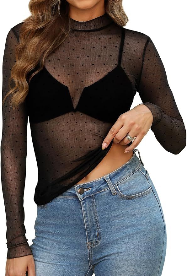 OFEEFAN Womens Long Sleeve Mesh Top See Through Mock Neck Sheer Blouses | Amazon (US)