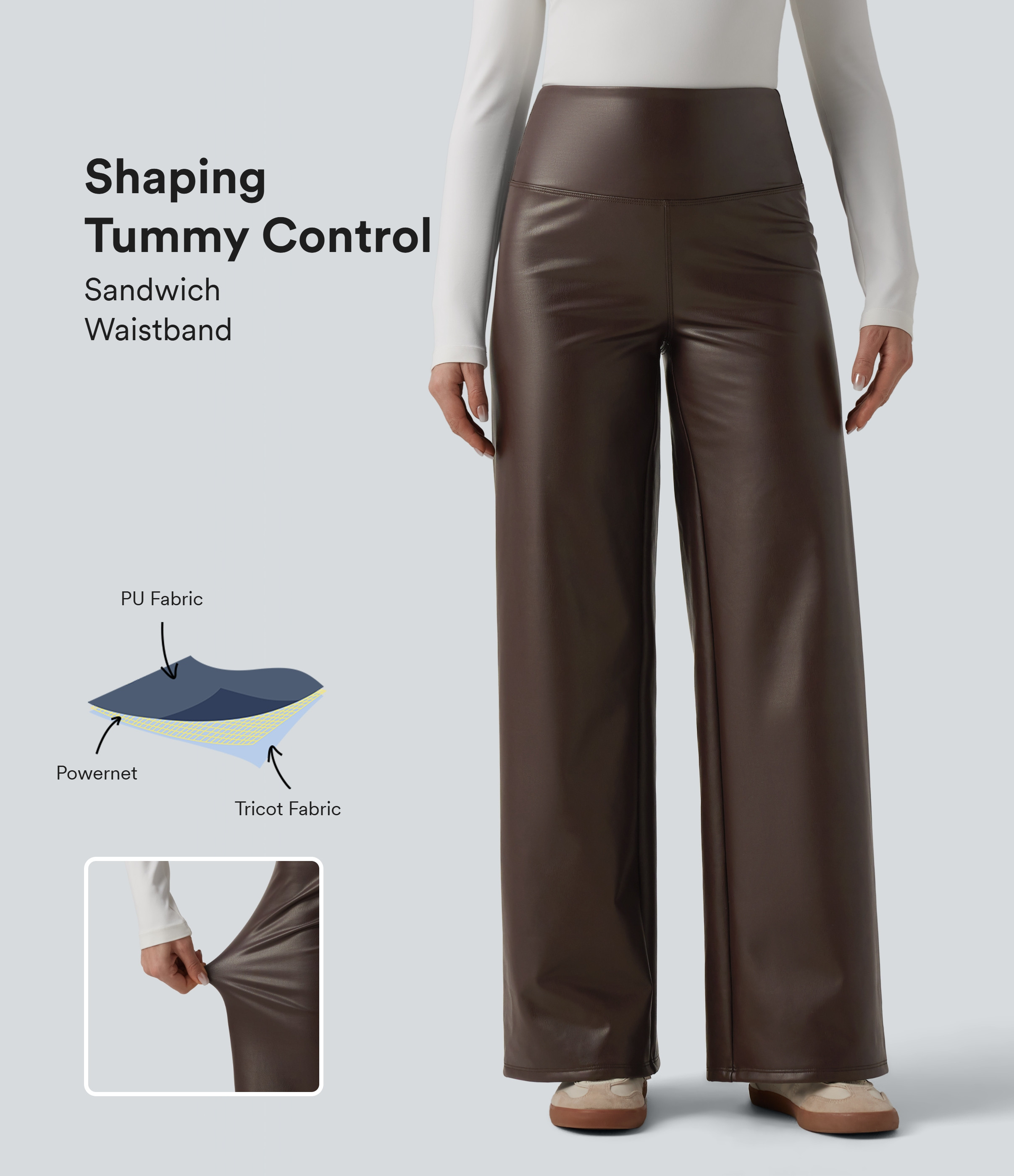 Women’s High Waisted Tummy Control Wide Leg Stretchy PU Fleece Casual Pants with Pockets - Hala... | HALARA