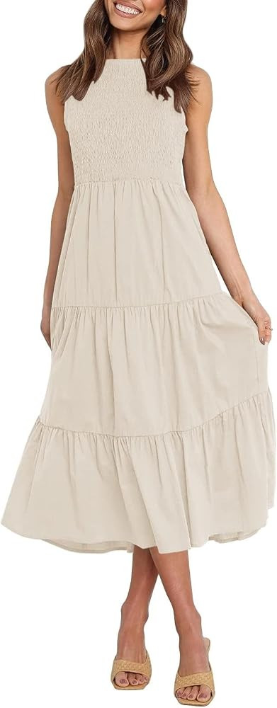 ZESICA Women's 2024 Summer Casual Sleeveless Crew Neck Smocked High Waist Flowy Tiered A Line Mid... | Amazon (US)