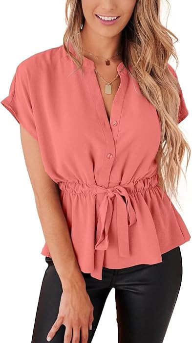 Womens Button Down Blouses Casual Peplum Summer Tops Dressy Chiffon Work Blouse | Amazon (US)