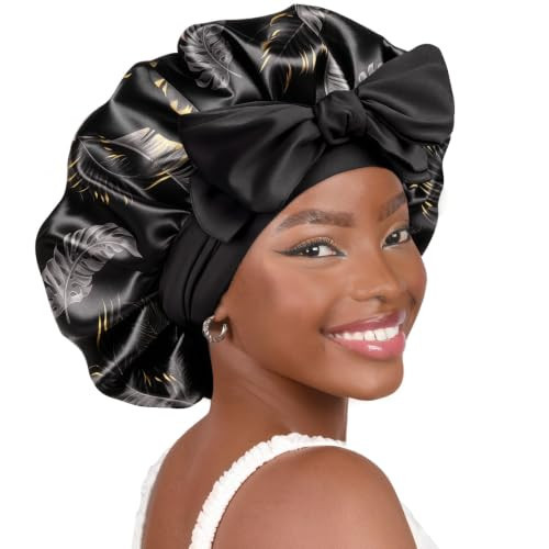 YANIBEST Adjustable Satin Bonnet for Sleeping Women Double Layer Hair Wrap Reduce Friction Prevent Frizz Natural Curly Hair, BlackGold Leaf | Amazon (US)
