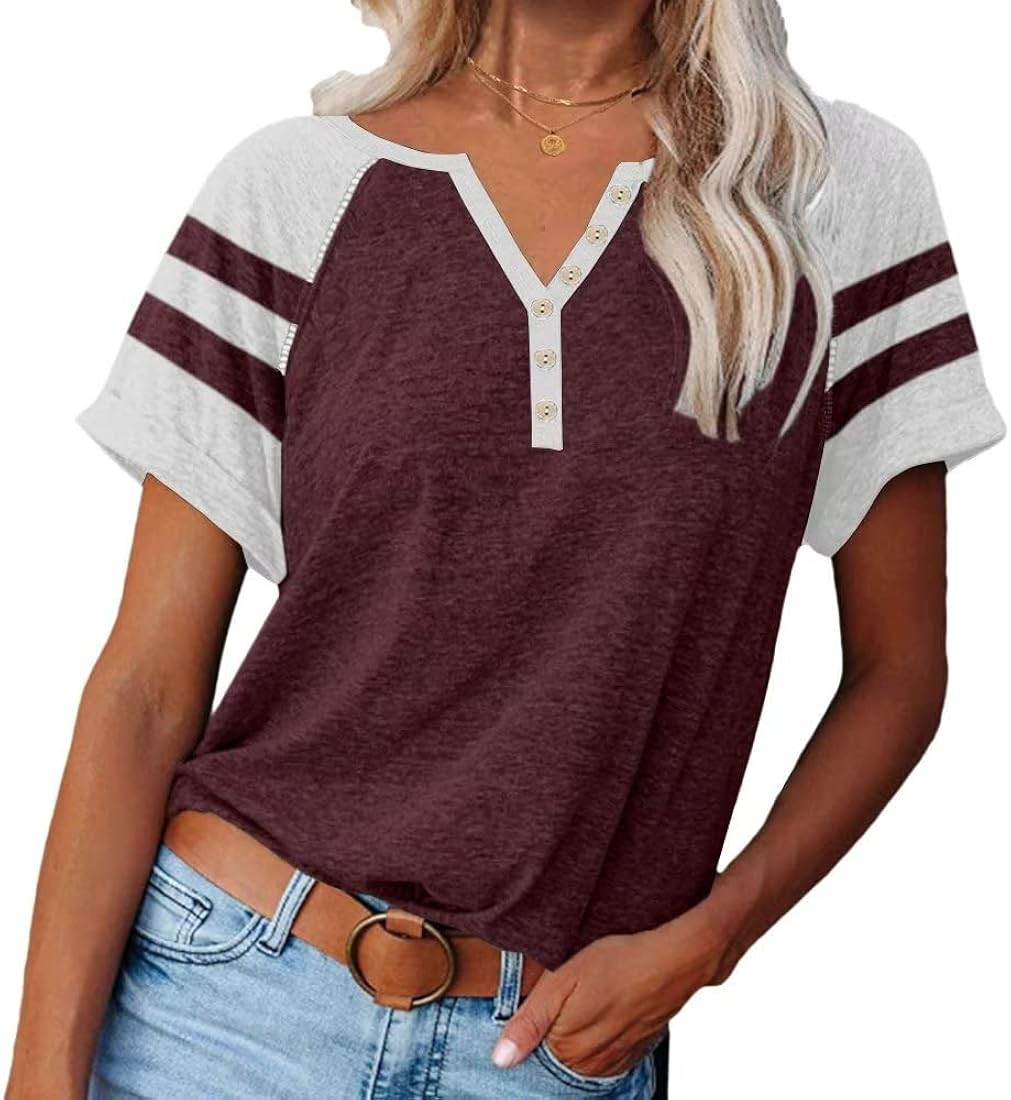 Women Henley Summer Tee Color Block Y2K Tops Button Down T-Shirts Raglan Short Sleeves Casual Tun... | Amazon (US)