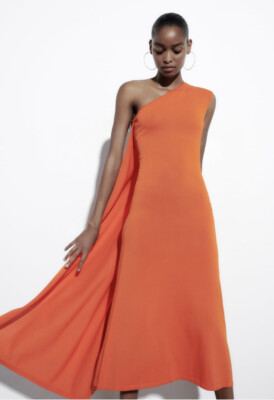 Zara Long Knit One Shoulder Cape Midi Dress Orange Size Medium BNWT | eBay UK