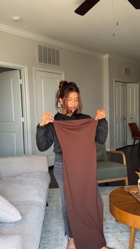 Tube dress outfit. Tube dress is comfortable and 4’11” friendly. Wearing small  

Also wearing: lightweight white button down/shirt (wearing xs) and coffee sweatshirt (wearing small) 

#LTKVideo #LTKfindsunder100 #LTKSeasonal