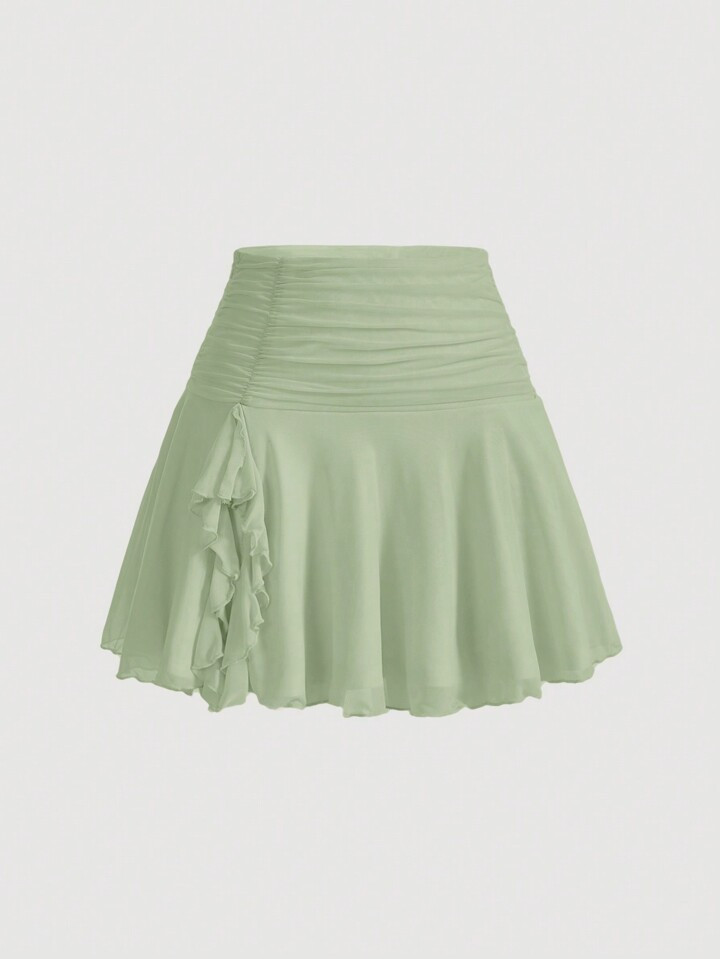 SHEIN MOD Women's Pleated Patchwork Ruffle Hem Mint Green Skirt | SHEIN USA | SHEIN