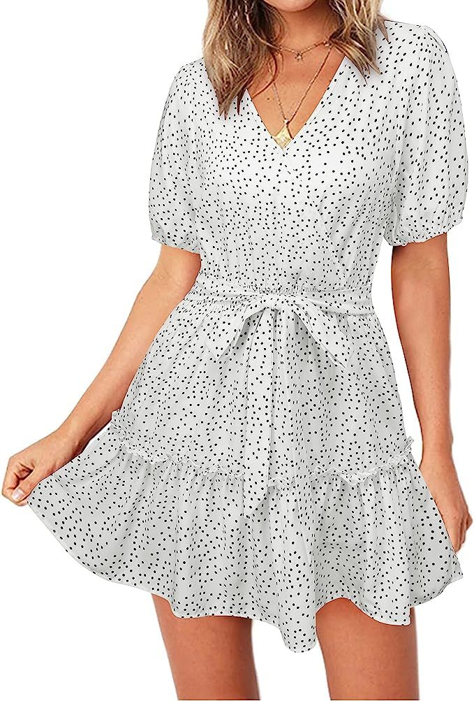 OUGES Women Short Sleeve Wrap Waist V Neck Dress Polka Dot Ruffles Floral Casual Swing Sundress | Amazon (US)