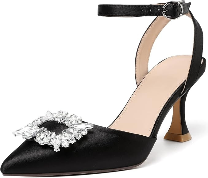 Susanny Women's Closed Toe Rhinstone Wedding Low Heel Slingback Clear Kitten Heels,Adjustable Str... | Amazon (US)