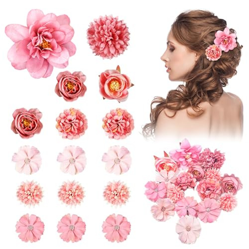 Harewu Deep Pink 16Pcs Silk Flower Hair Clips, Floral Hair Decorations for Women, Bohemian Headdress Clips, Bridal Wedding Corsage and Headdress, Beach Party Hair Clips Accessories | Amazon (US)