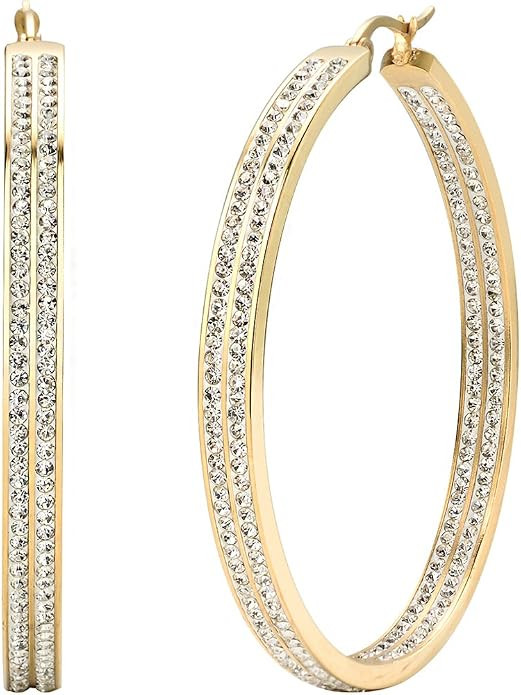 Jstyle Women's Stainless Steel Pierced Large Hoop Earrings with Rhinestone | Amazon (US)
