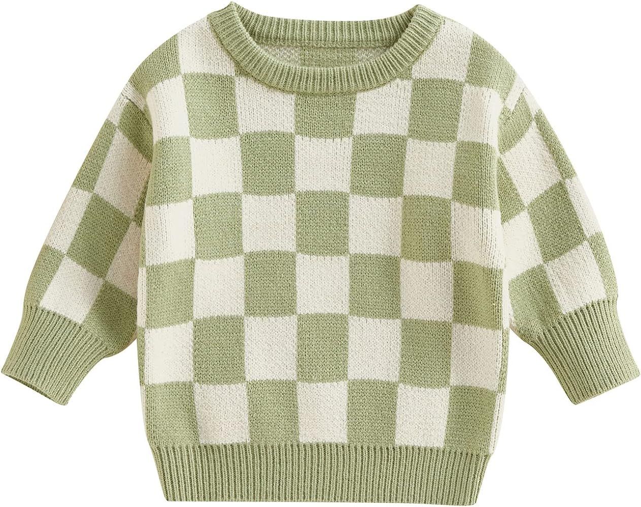 Kuriozud Toddler Baby Boy Girl Sweater Checkerboard Knit Crewneck Sweatshirt Soft Warm Fall Winte... | Amazon (US)