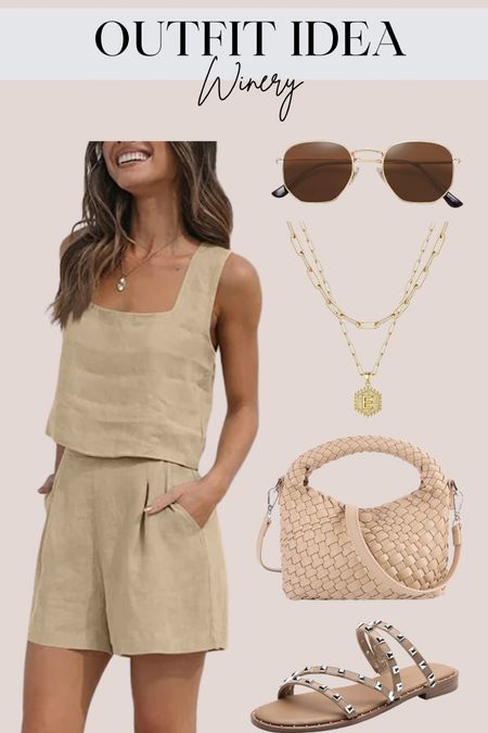 Outfit idea - winery. 

Matching set - linen - short set - sunglasses - woven bag - crossbody - gold necklace - layered necklace - studded sandals 

#LTKstyletip #LTKshoecrush #LTKunder50