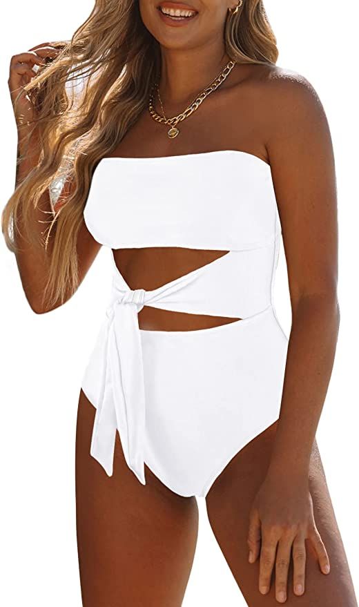 Viottiset Women's Bandeau One Piece Swimsuit Strapless Tie High Cut Out Bathing Suit | Amazon (US)