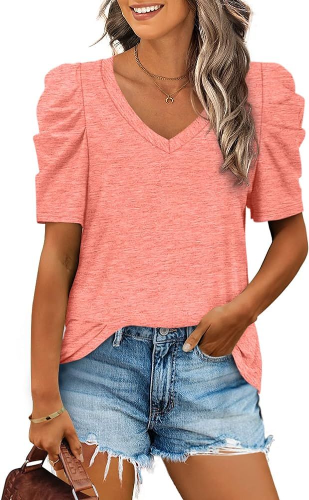 XIEERDUO Womens Summer Shirt V Neck Casual Tshirs Puff Sleeve Tops for Women Solid Color S-2XL | Amazon (US)