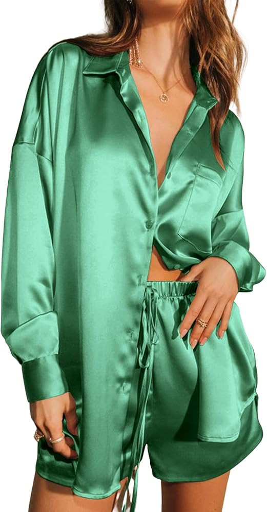 Ekouaer Womens 2 Piece Satin Pajama Set Long Sleeve PJs Sets Button Down Lounge Ssts Soft Sleepwe... | Amazon (US)