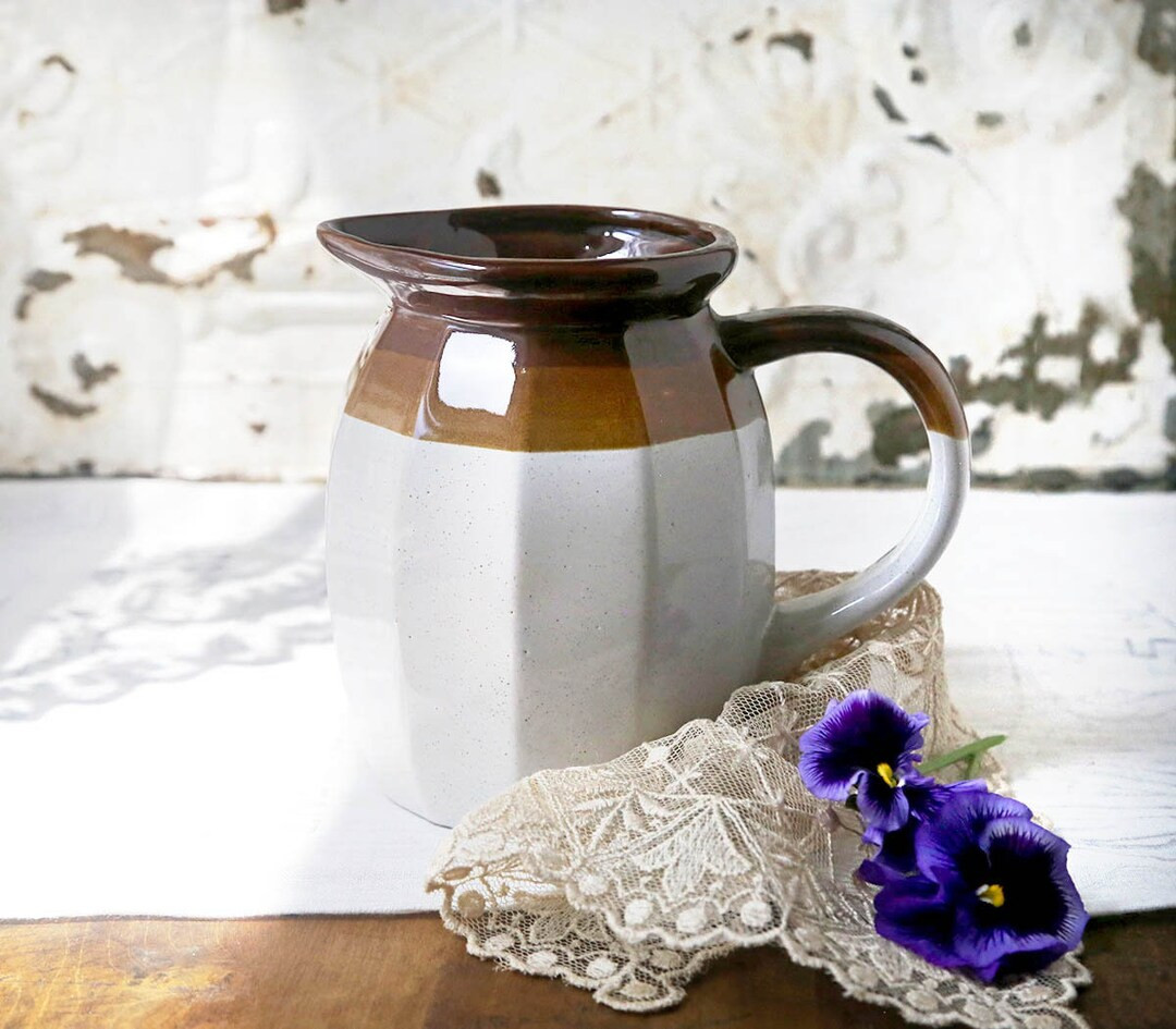 Vintage Stoneware Pitcher, 3 Toned Pitcher, Brown and White Pitcher, Farmhouse Kitchen Decor, Gla... | Etsy (US)