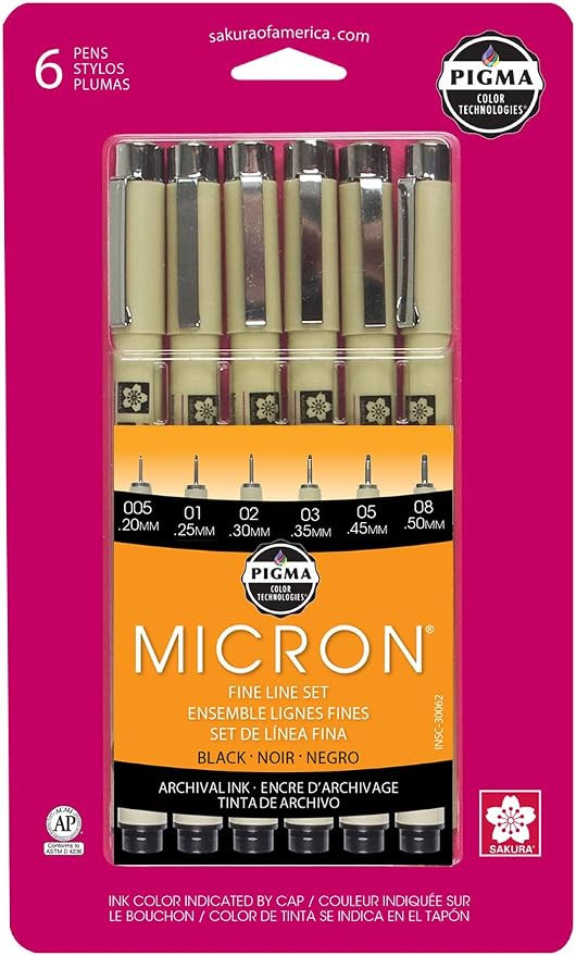 Sakura Pigma 30062 Micron Blister Card Ink Pen Set, Black, Ass't Point Sizes 6CT Set | Amazon (US)