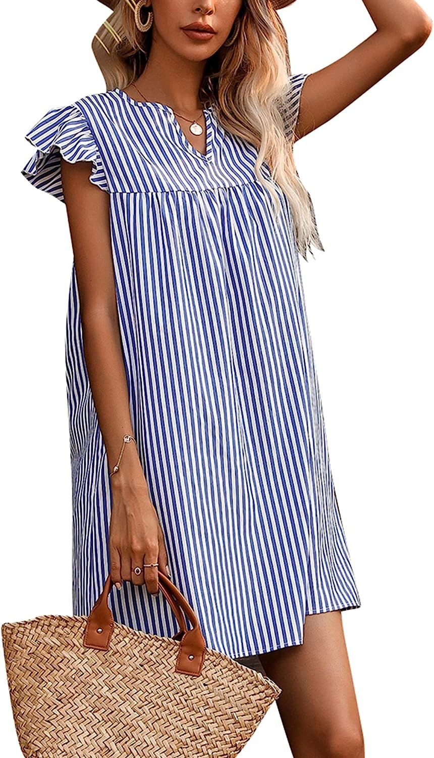 II ININ Women's Summer V Neck Ruffle Sleeve Short Dress Casual Sleeveless Babydoll Striped Shift ... | Amazon (US)