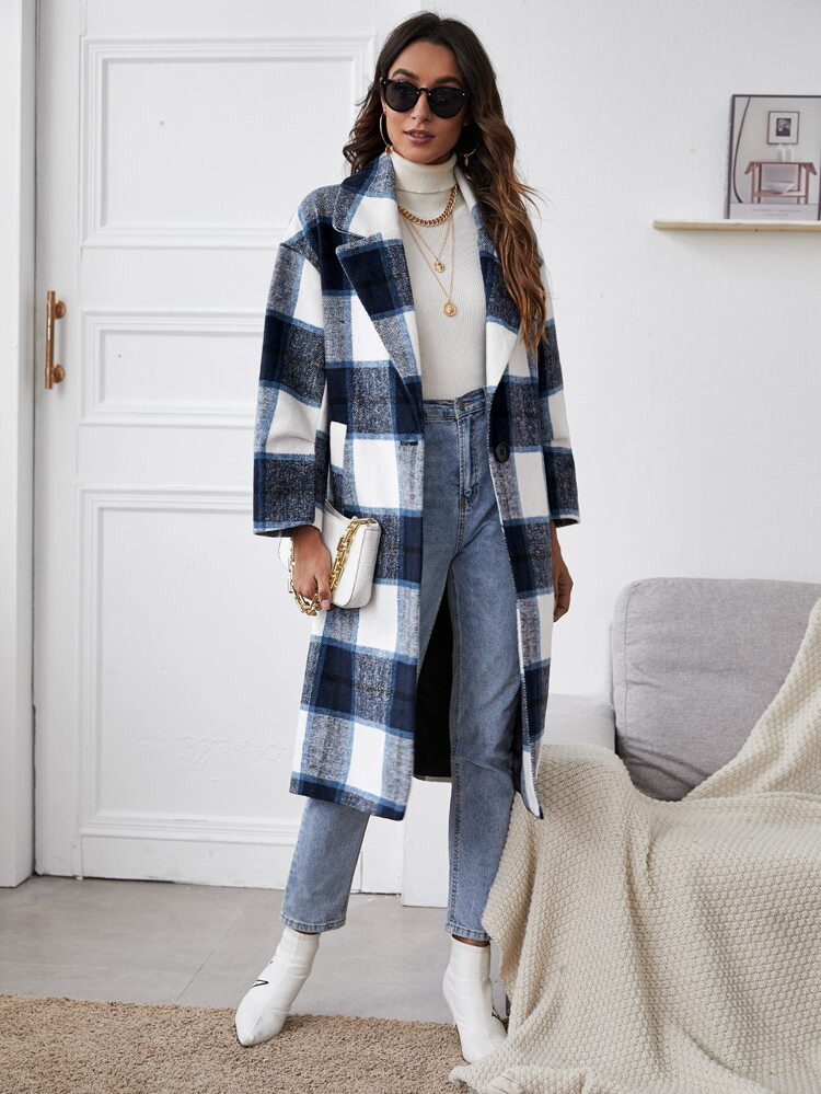 Plaid Lapel Collar Button Front Overcoat | SHEIN